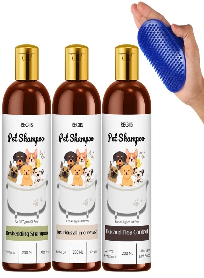 مجموعة شامبو الحيوانات الأليفة من ريجيس، مجموعة العناية بالكلاب مع شامبو لإزالة الشعر الزائد، غسول فاخر شامل، مكافحة القراد والبراغيث، زجاجات سعة 200 مل، تتضمن فرشاة تنظيف زرقاء (عبوة من 4 قطع) - Image 1